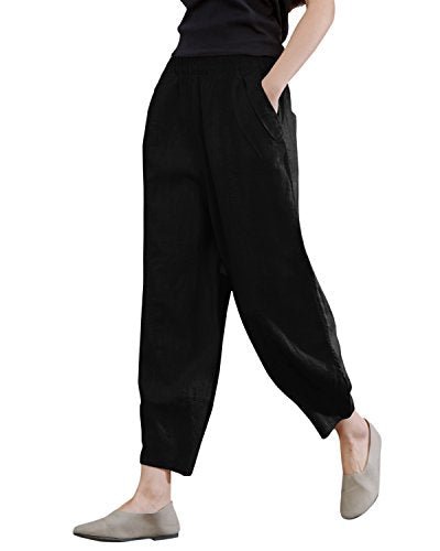 31MhKw5QmiL Women's 100% Linen Pants Relax Fit Lantern Cropped TaperedPants Trousers with Elastic Waist