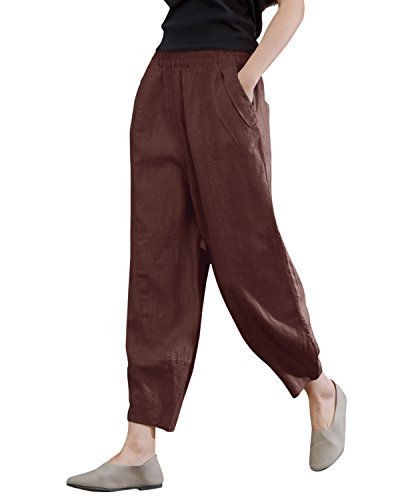 41JXK4y0dTL Women's 100% Linen Pants Relax Fit Lantern Cropped TaperedPants Trousers with Elastic Waist
