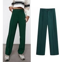 Woman Green High Waist Women Pants Fashion Width Leg Up Trousers Straight Pants Button Fly Office Female Pants (Size : Small)