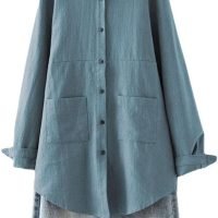 Women's Linen Shirts Button Down Long Tunic Tops Plus Size Blouse with Pockets