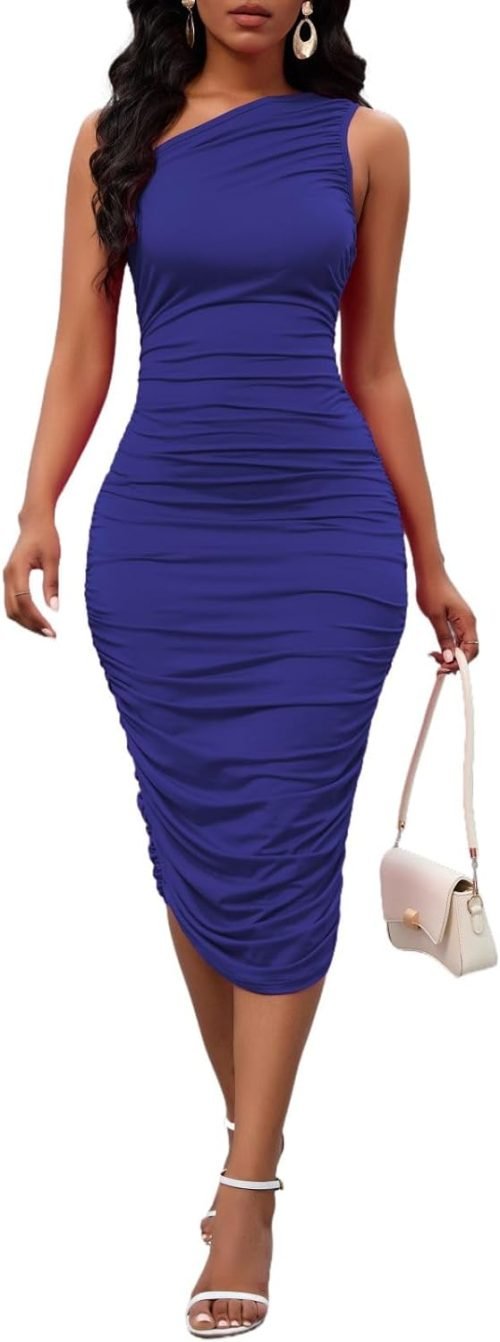 Women's Sexy One Shoulder Dresses Sleeveless Party Club Ruched Cocktail Wedding Guest Bodycon Midi Dress