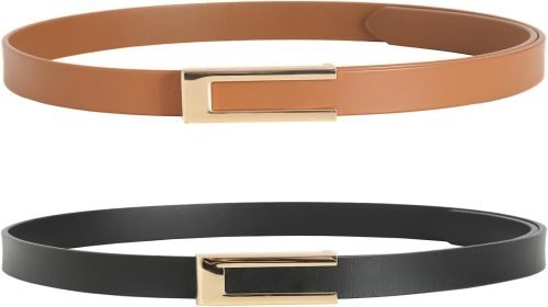 Womens Leather Belt Skinny Waist Belt for Dresses Jeans Pants with Gold Buckle