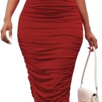 Women's Sexy One Shoulder Dresses Sleeveless Party Club Ruched Cocktail Wedding Guest Bodycon Midi Dress