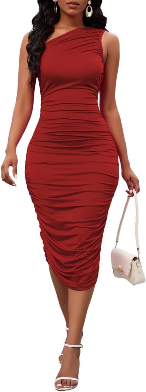 Women's Sexy One Shoulder Dresses Sleeveless Party Club Ruched Cocktail Wedding Guest Bodycon Midi Dress