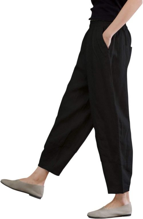 51B3S2xxCfL._AC_SL1400 Women's 100% Linen Pants Relax Fit Lantern Cropped TaperedPants Trousers with Elastic Waist