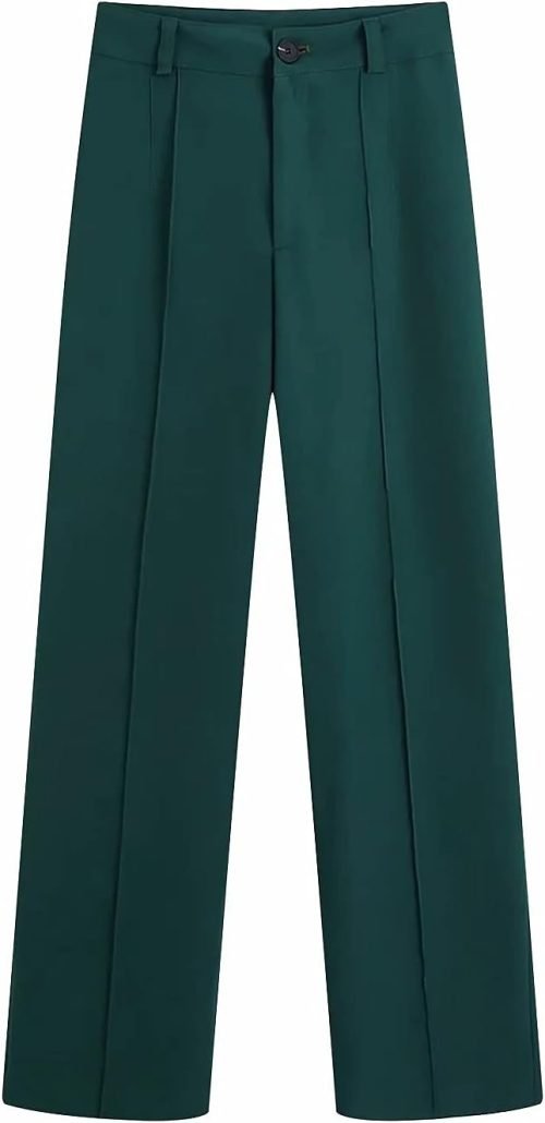 Woman Green High Waist Women Pants Fashion Width Leg Up Trousers Straight Pants Button Fly Office Female Pants (Size : Small)