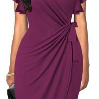 Womens Deep V Neck Ruffle Sleeve Sheath Casual Cocktail Party Work Faux Wrap Dress