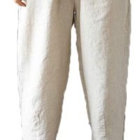 Women's Linen Cropped Pants Tapered Ankle Capris Trousers Elastic Waist