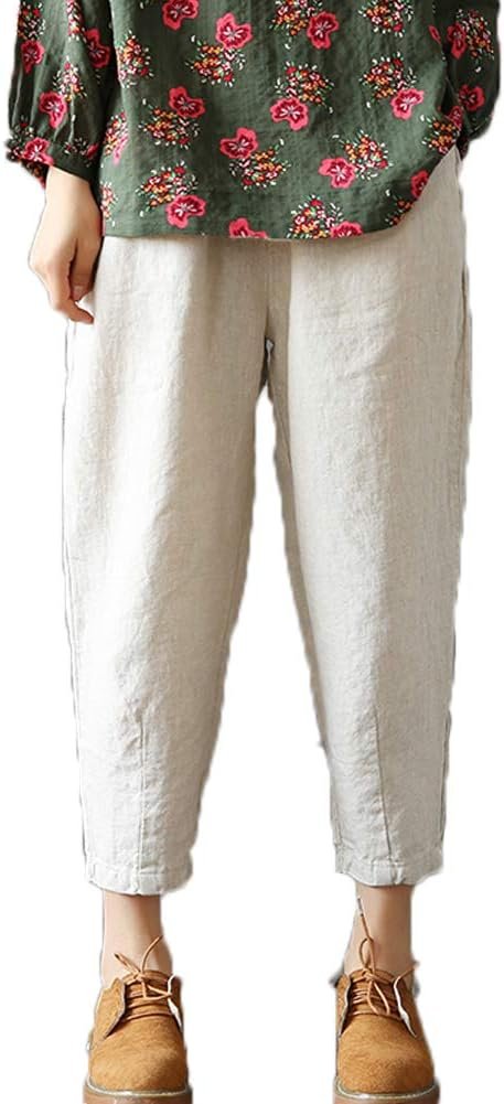 Women's Linen Cropped Pants Tapered Ankle Capris Trousers Elastic Waist