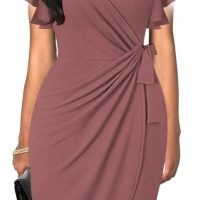 Womens Deep V Neck Ruffle Sleeve Sheath Casual Cocktail Party Work Faux Wrap Dress