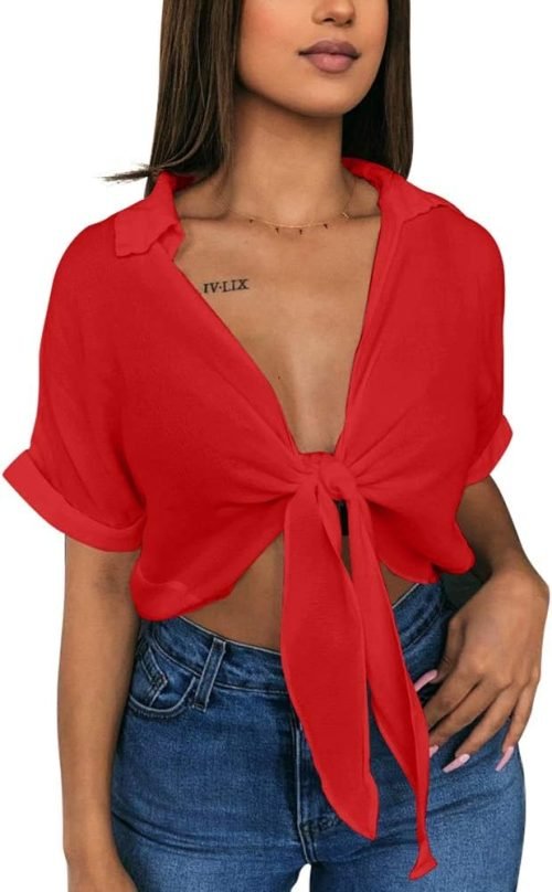 Womens Summer Short Sleeve Shirts V Neck Tie Knot Batwing Blouses Tops