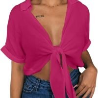 Womens Summer Short Sleeve Shirts V Neck Tie Knot Batwing Blouses Tops