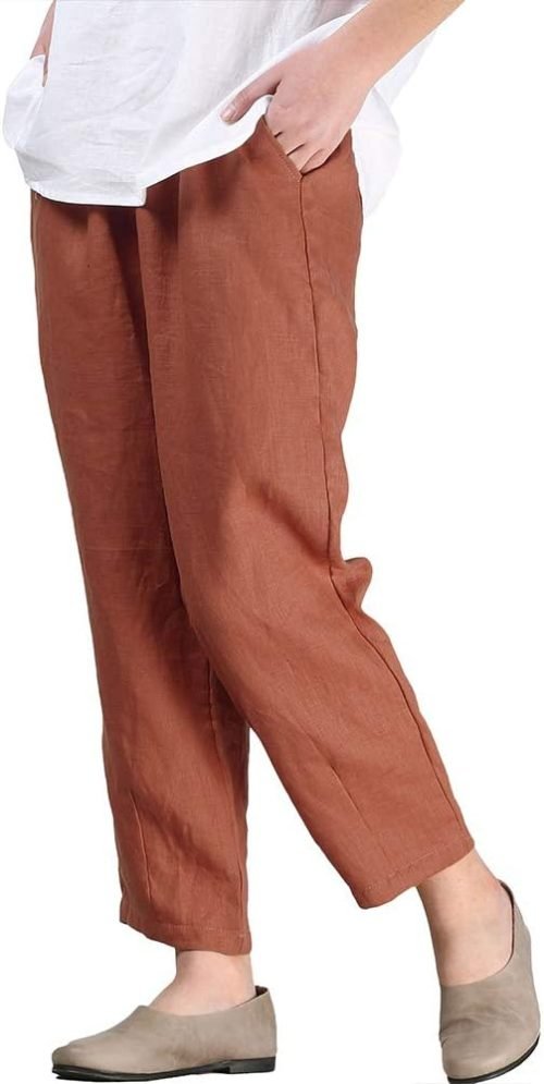Women's Linen Cropped Pants Tapered Ankle Capris Trousers Elastic Waist