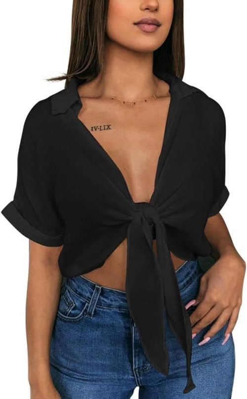 Womens Summer Short Sleeve Shirts V Neck Tie Knot Batwing Blouses Tops