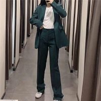 Woman Green High Waist Women Pants Fashion Width Leg Up Trousers Straight Pants Button Fly Office Female Pants (Size : Small)