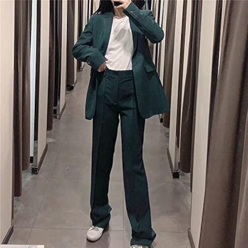 Woman Green High Waist Women Pants Fashion Width Leg Up Trousers Straight Pants Button Fly Office Female Pants (Size : Small)