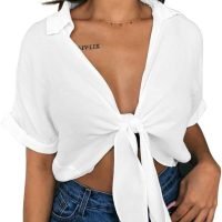 Womens Summer Short Sleeve Shirts V Neck Tie Knot Batwing Blouses Tops