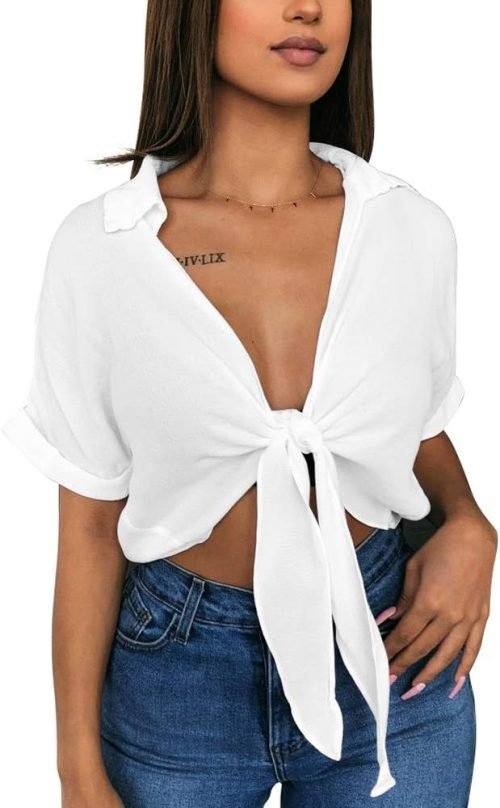 Womens Summer Short Sleeve Shirts V Neck Tie Knot Batwing Blouses Tops