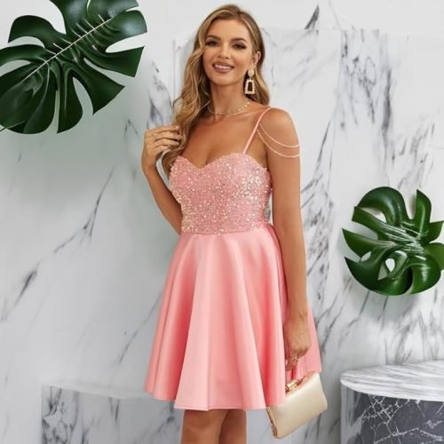 Women's Sweetheart Shiny Sequin Splicing A-Line Ruffles Satin Short Pink Prom Dresses for Teens