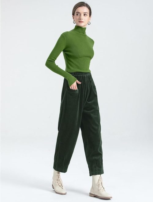 Women's Corduroy Baggy Pants Elastic Waist Loose Harem Pant Cotton Wide Leg Trousers with Pockets