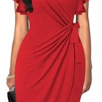 Womens Deep V Neck Ruffle Sleeve Sheath Casual Cocktail Party Work Faux Wrap Dress
