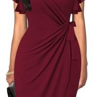 Womens Deep V Neck Ruffle Sleeve Sheath Casual Cocktail Party Work Faux Wrap Dress