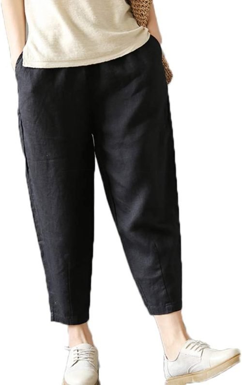 Women's Linen Cropped Pants Tapered Ankle Capris Trousers Elastic Waist