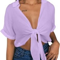 Womens Summer Short Sleeve Shirts V Neck Tie Knot Batwing Blouses Tops