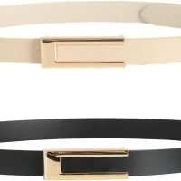 Womens Leather Belt Skinny Waist Belt for Dresses Jeans Pants with Gold Buckle