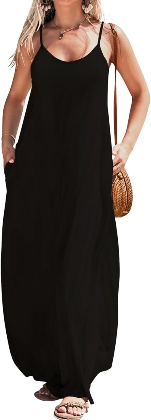 Women Summer Casual Bohemian Maxi Dress V-Neck Sleeveless Flowy Boho Floral Beach Long Dress with Pockets