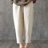Women's Linen Cropped Pants Tapered Ankle Capris Trousers Elastic Waist