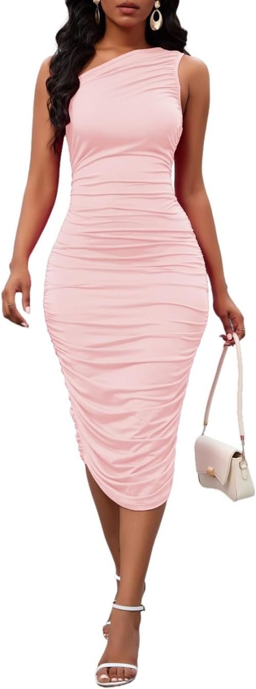 Women's Sexy One Shoulder Dresses Sleeveless Party Club Ruched Cocktail Wedding Guest Bodycon Midi Dress