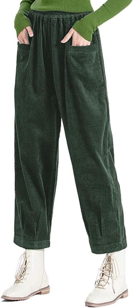 Women's Corduroy Baggy Pants Elastic Waist Loose Harem Pant Cotton Wide Leg Trousers with Pockets