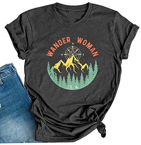 Women Mountain Camping T-Shirt Summer Camping Hiking Vacation Shirts Teen Girls Funny Forest Camper Tees Tops
