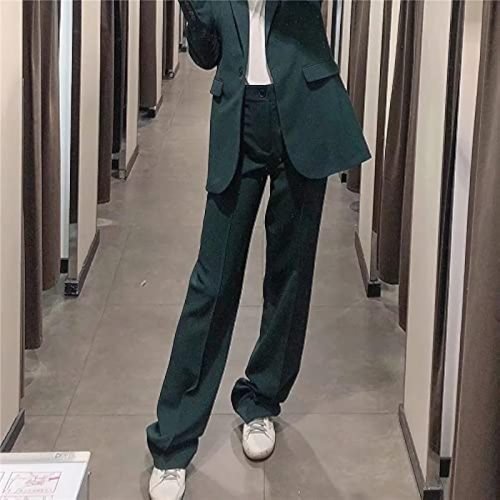 Woman Green High Waist Women Pants Fashion Width Leg Up Trousers Straight Pants Button Fly Office Female Pants (Size : Small)