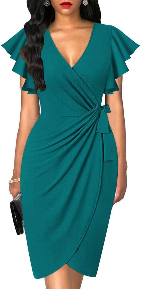 Womens Deep V Neck Ruffle Sleeve Sheath Casual Cocktail Party Work Faux Wrap Dress