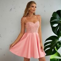 Women's Sweetheart Shiny Sequin Splicing A-Line Ruffles Satin Short Pink Prom Dresses for Teens