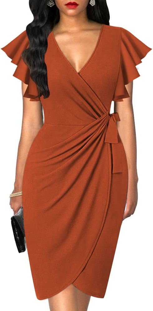 Womens Deep V Neck Ruffle Sleeve Sheath Casual Cocktail Party Work Faux Wrap Dress