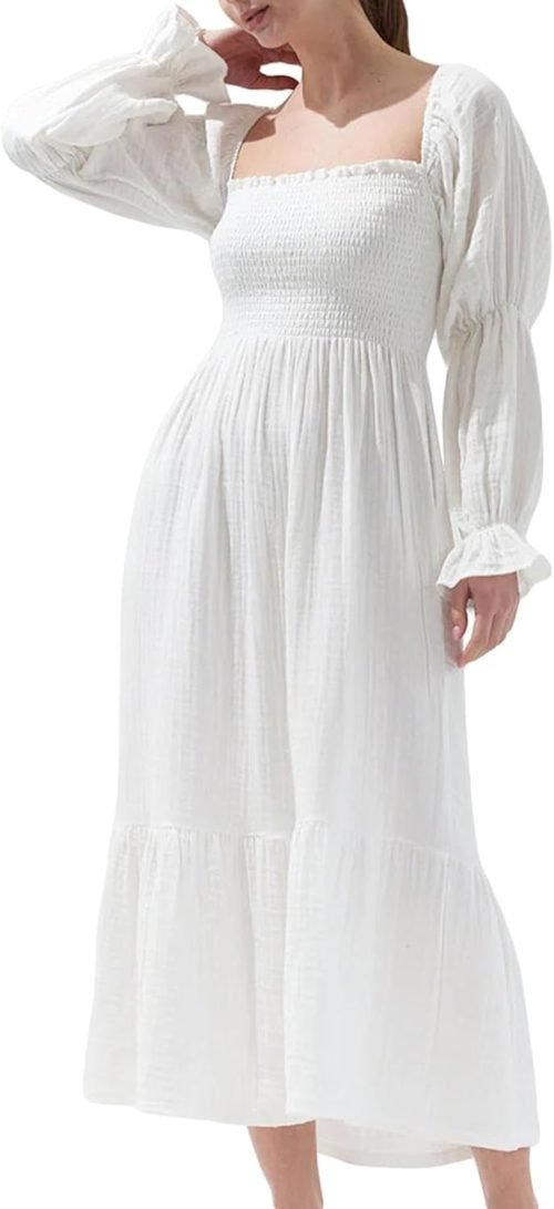 Women’s Floral Smocked Maxi Dress Boho Puff Sleeve Sweetheart A-Line Flowy Long Dresses Y2K Swing Beach Sundress