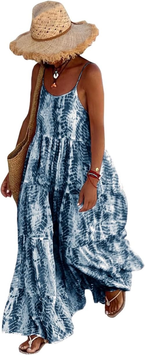 Women Summer Dresses 2024 Spaghetti Strap Scoop Neck Floral Maxi Dress Flowy Boho Long Sundress with Pockets