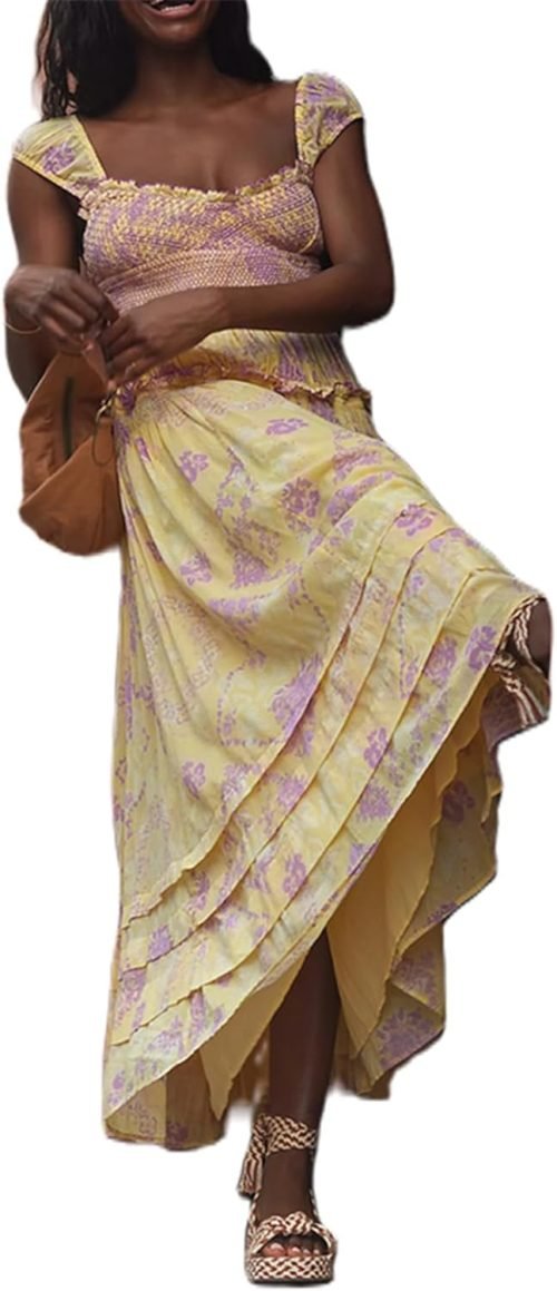 Women’s Floral Smocked Maxi Dress Boho Puff Sleeve Sweetheart A-Line Flowy Long Dresses Y2K Swing Beach Sundress