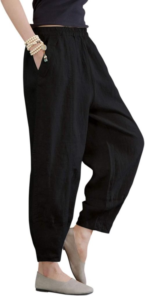 612Ect-Wb1L._AC_SL1400 Women's 100% Linen Pants Relax Fit Lantern Cropped TaperedPants Trousers with Elastic Waist