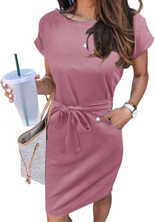 Women's Summer Striped Short Sleeve T Shirt Dress Casual Tie Waist with Pockets