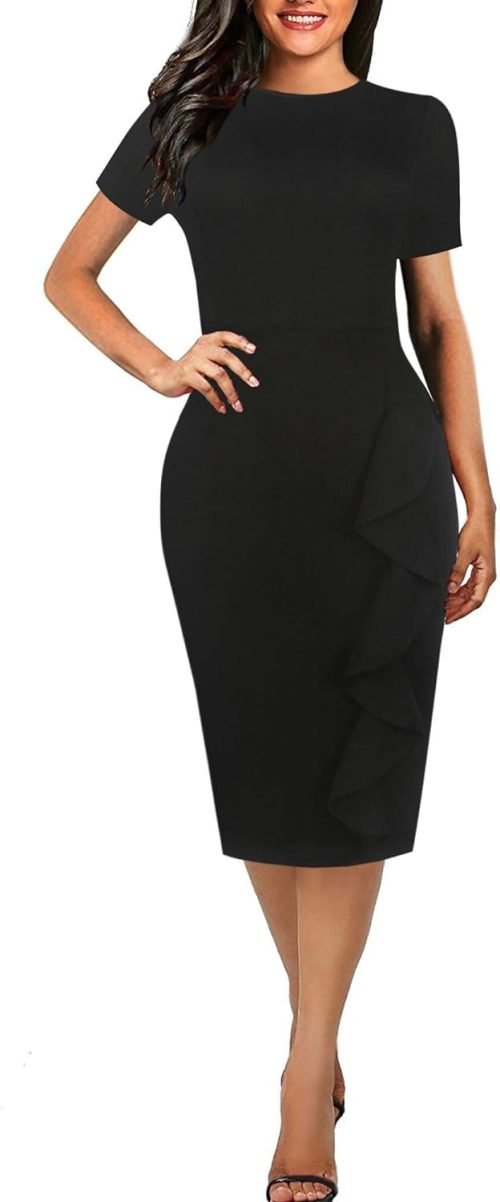 Women's Vintage Short Sleeve Polka Dot Falbala Fold Slim Fit Pencil Dress