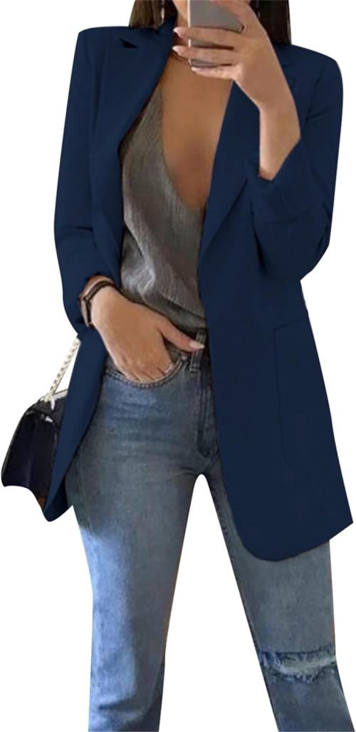 Women's Business Casual Outfits Open Front Long Sleeve Lapel Fashion Lightweight Solid Color Blazers with Pockets