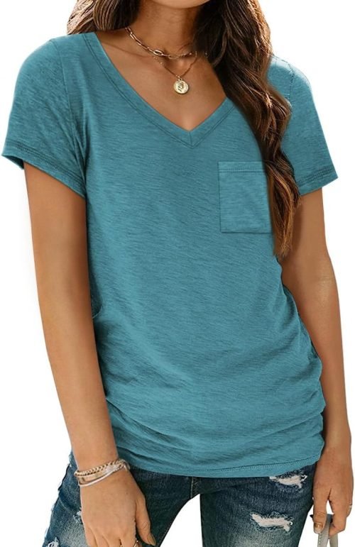Womens T Shirts Short Sleeve V Neck Tops with Pockets Summer Fashion Trendy Soft Casual Comfy Outfits Clothes 2024
