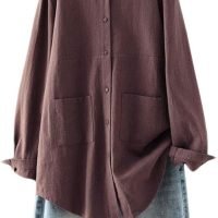 Women's Linen Shirts Button Down Long Tunic Tops Plus Size Blouse with Pockets