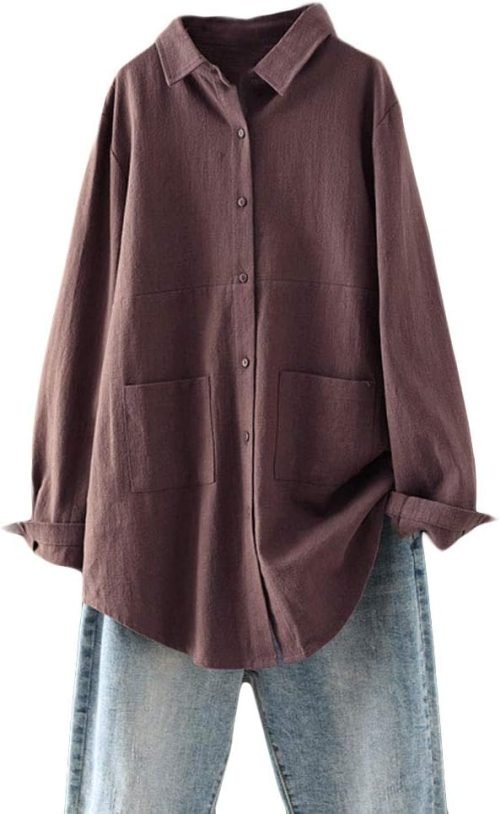 Women's Linen Shirts Button Down Long Tunic Tops Plus Size Blouse with Pockets