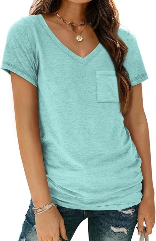Womens T Shirts Short Sleeve V Neck Tops with Pockets Summer Fashion Trendy Soft Casual Comfy Outfits Clothes 2024