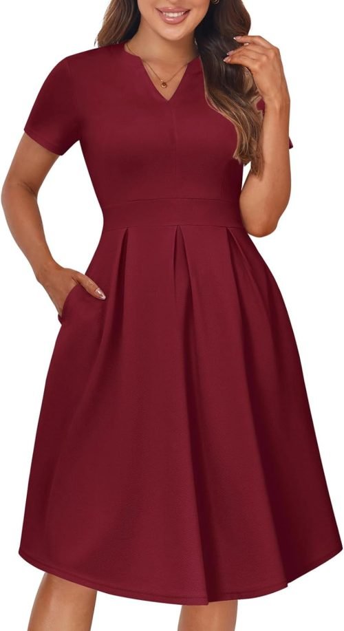 Womens Elegant Print Notched Neck Slant Pocket Pleated Hem Casual A-Line Dress